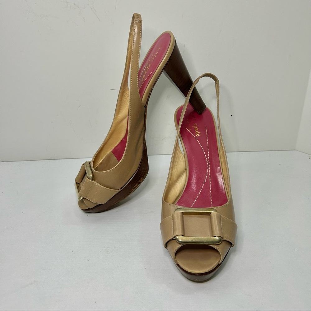 Kate Spade Tan Peep-Toe Buckle Detail Slingback Heels Size 7 1/2